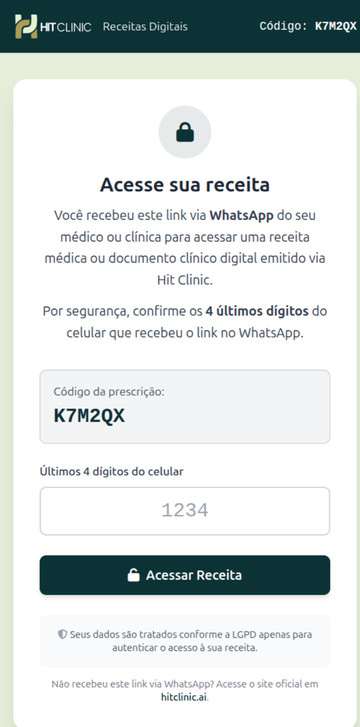 A tela Acesse sua receita, que pede os 4 últimos dígitos do celular