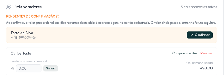 Card Colaboradores com um profissional Pendente de confirmação, o valor por mês e o botão Confirmar