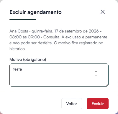 Janela Excluir agendamento com o campo Motivo obrigatório