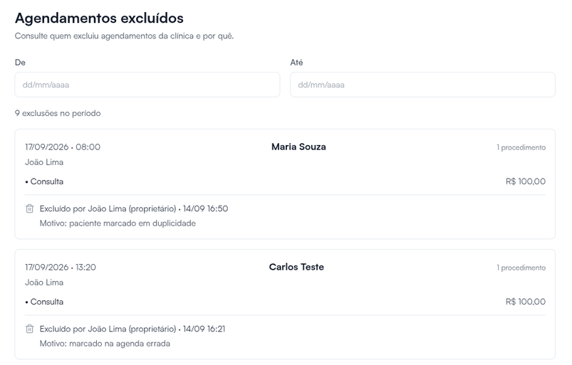 Tela Agendamentos excluídos com filtro de datas e cada exclusão com quem excluiu, quando e o motivo (nomes fictícios)