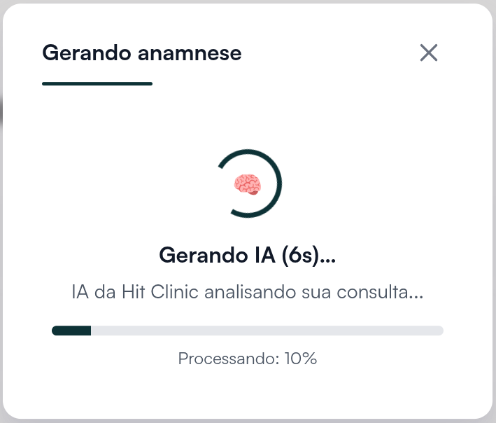 Janela Gerando anamnese com o tempo decorrido e a barra de progresso da análise