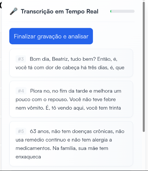 Painel Transcrição em Tempo Real com o botão Finalizar gravação e analisar e os trechos já transcritos