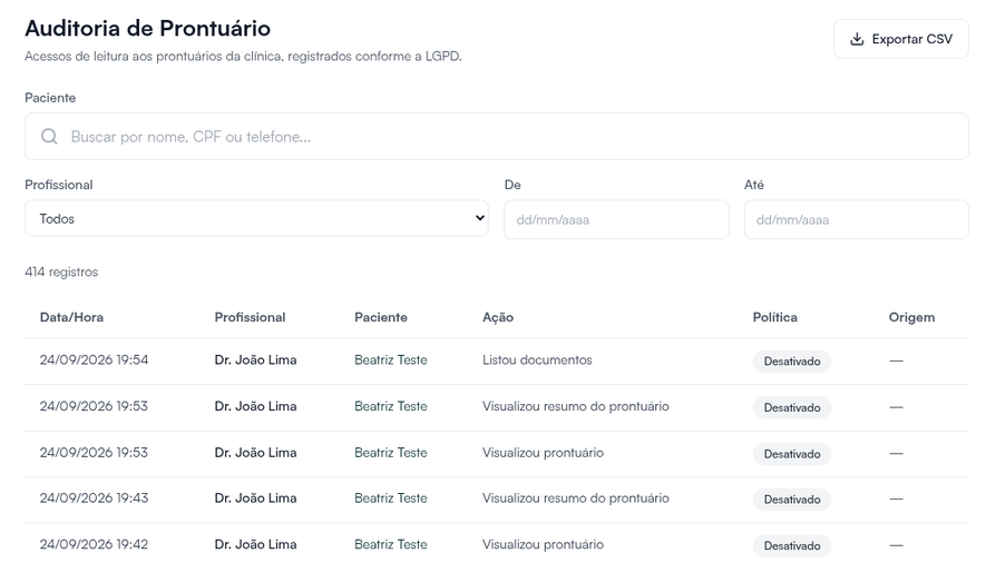 Auditoria de Prontuário com filtros de paciente, profissional e datas, Exportar CSV e a lista de acessos
