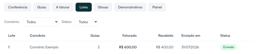Aba Lotes com o lote enviado, o valor faturado e o recebido (dados fictícios)