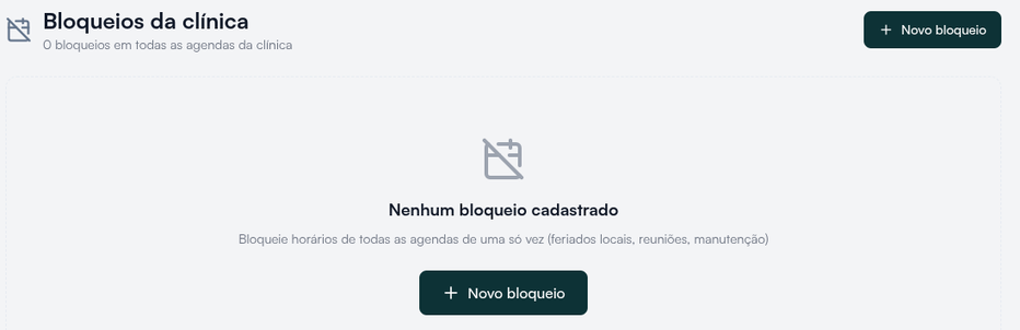 Tela Bloqueios da clínica com o botão Novo bloqueio, que bloqueia todas as agendas de uma vez