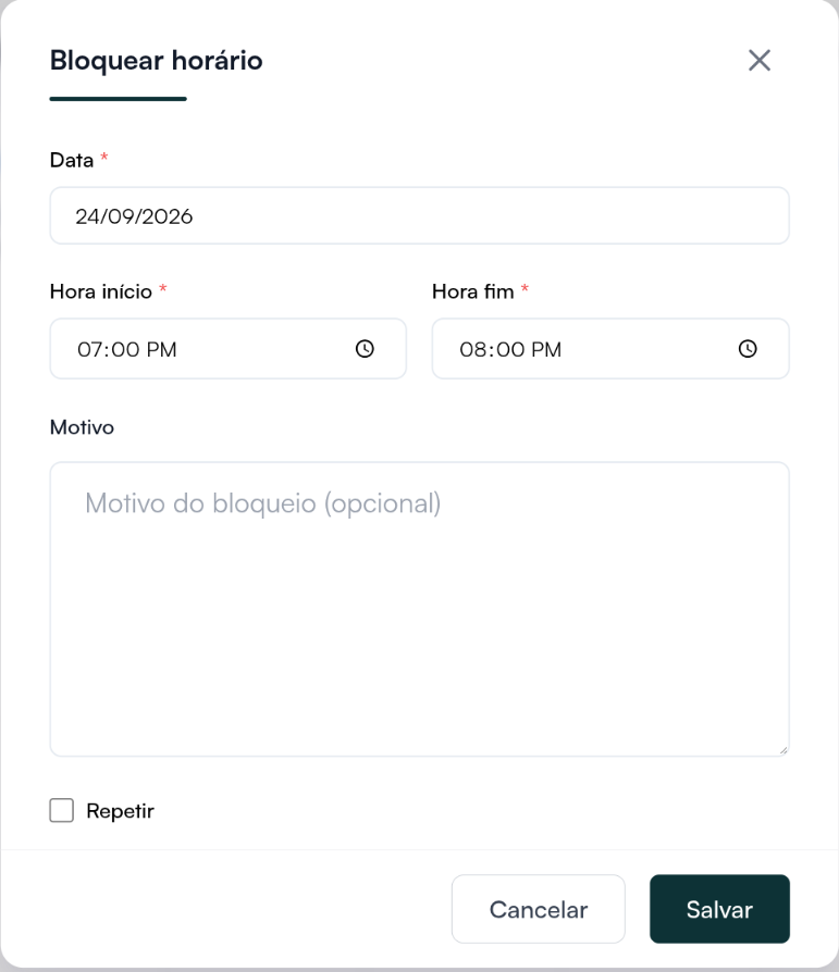 Janela Bloquear horário com data, hora de início e fim, motivo e a opção Repetir