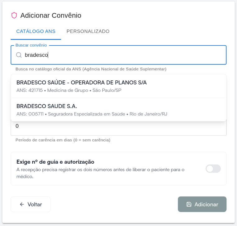 A tela Adicionar Convênio, com a busca no catálogo ANS mostrando os convênios encontrados
