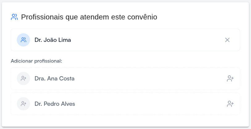 O bloco Profissionais que atendem este convênio, com um profissional vinculado e outros dois em Adicionar profissional