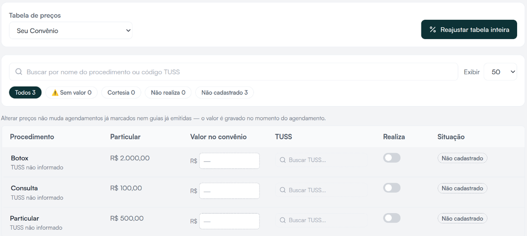 A Tabela de preços de um convênio, com as colunas Valor no convênio e Realiza