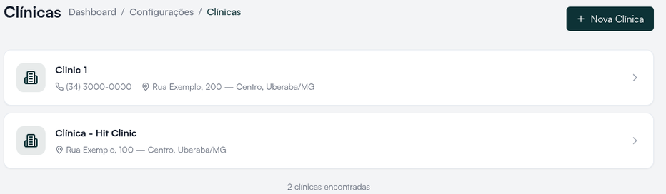 Tela Clínicas com o botão Nova Clínica e as unidades cadastradas (endereços fictícios)