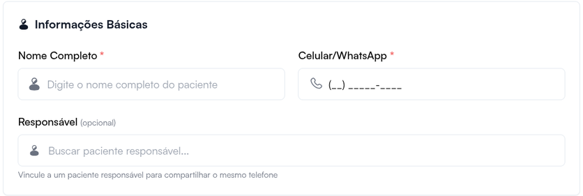 Campo Responsável (opcional) no cadastro do paciente, para vincular quem divide o telefone