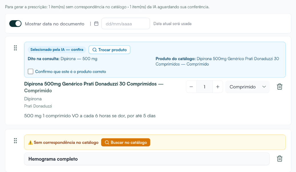 Receita sugerida pela IA: item Selecionado pela IA com Dito na consulta e a confirmação, e exame Sem correspondência no catálogo