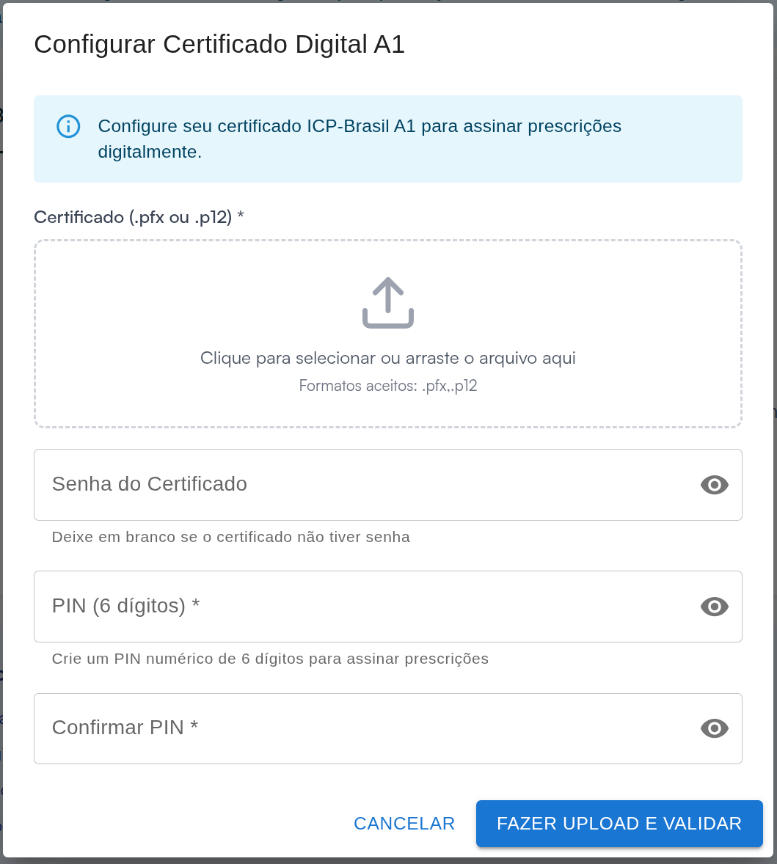 Janela Configurar Certificado Digital A1, com arquivo, senha e PIN