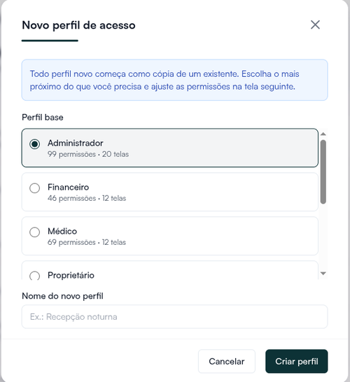 Janela Novo perfil de acesso com a escolha do Perfil base e o campo Nome do novo perfil
