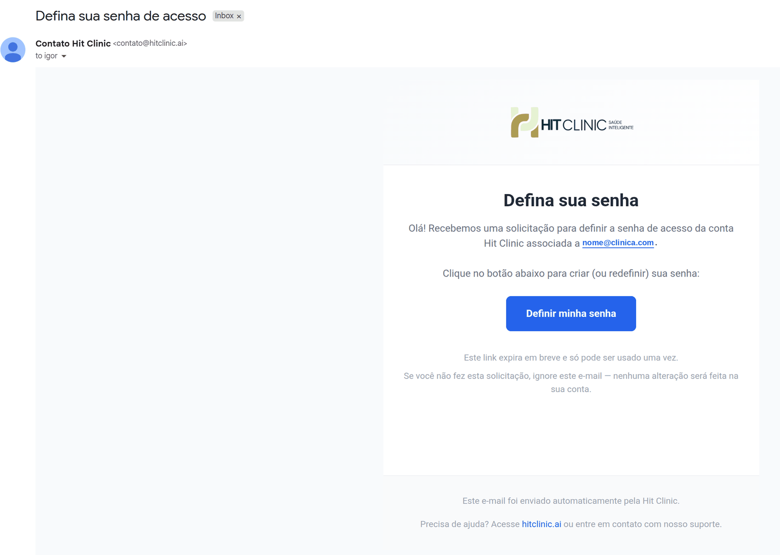 E-mail "Defina sua senha de acesso" com o botão "Definir minha senha"