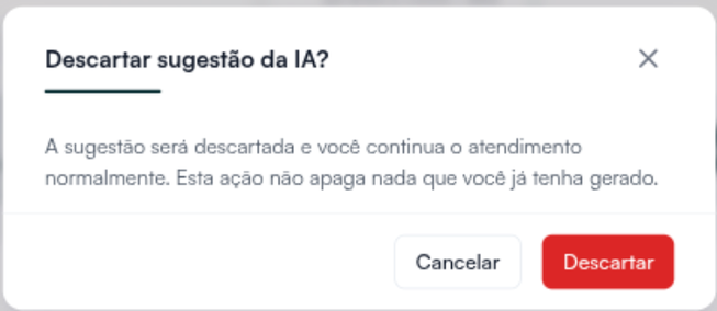 Janela Descartar sugestão da IA?, com Cancelar e Descartar