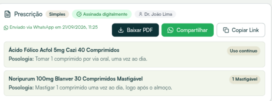 Receita assinada no histórico com o aviso Enviado via WhatsApp e os botões Baixar PDF, Compartilhar e Copiar Link