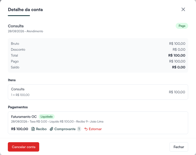 No Detalhe da conta, cada pagamento tem o botão Recibo