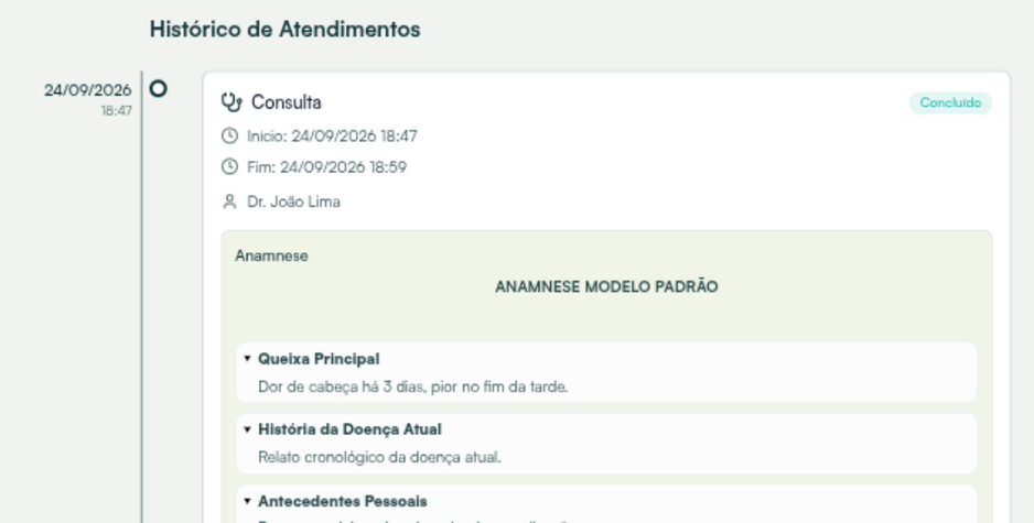 Histórico de Atendimentos com uma consulta concluída, horários de início e fim e a anamnese em modo leitura