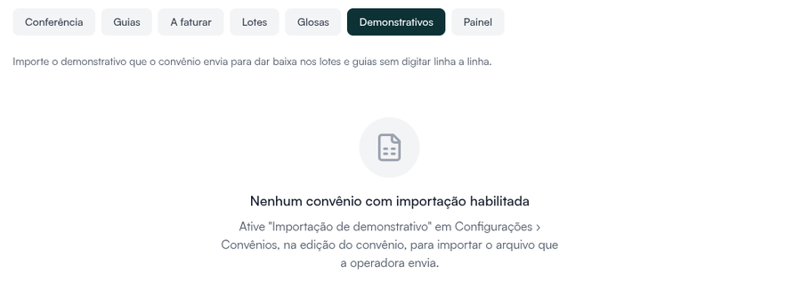 Aba Demonstrativos sem convênio habilitado, com a orientação de ativar Importação de demonstrativo na edição do convênio