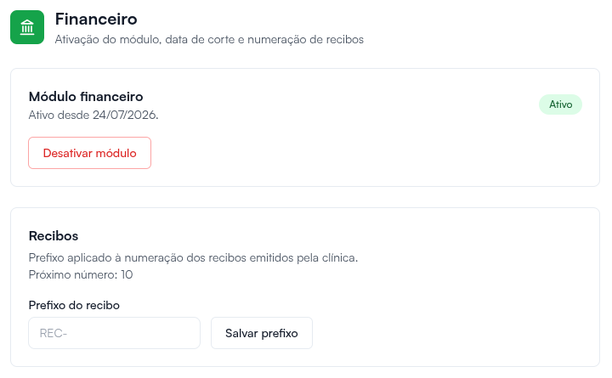 Bloco Recibos em Configurações > Financeiro, com o prefixo e o próximo número