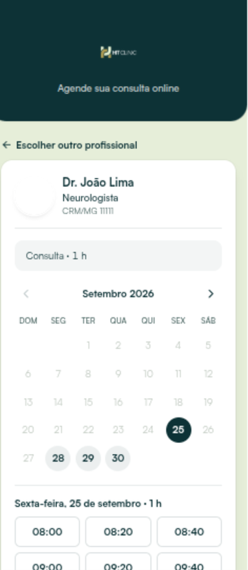 O calendário e os horários livres do profissional escolhido