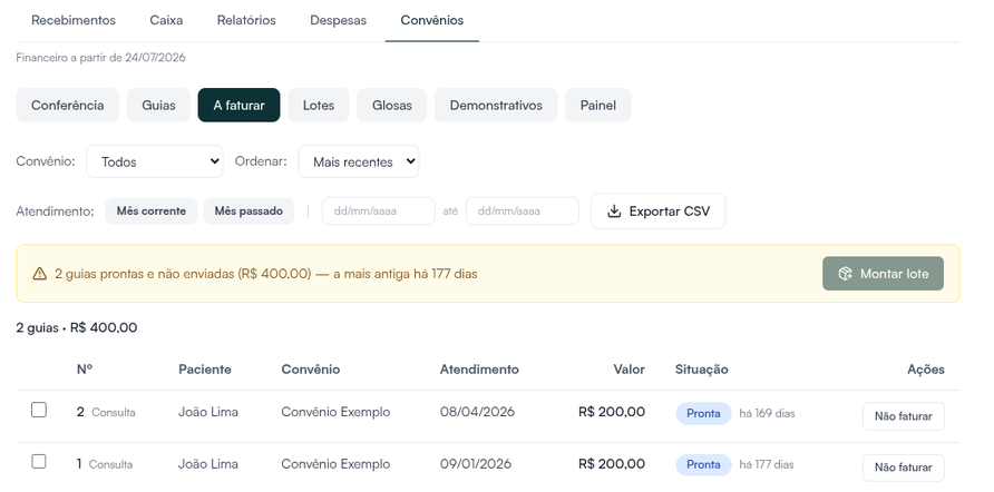 Aba A faturar com as guias prontas e não enviadas, o botão Montar lote e Não faturar em cada guia (dados fictícios)