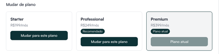Card Mudar de plano com Starter, Professional e Premium e o botão Mudar para este plano