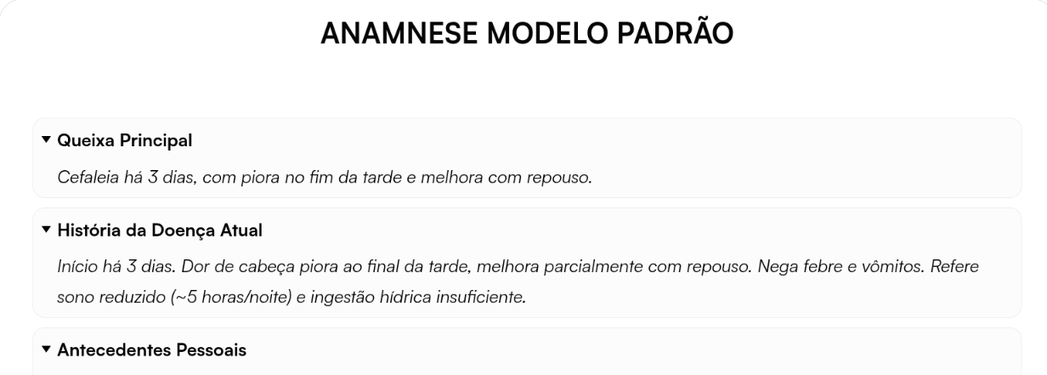 Anamnese preenchida pela IA, com o texto em itálico em Queixa Principal e História da Doença Atual