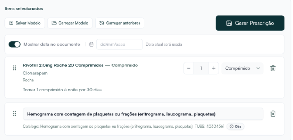 Itens selecionados com um medicamento e um exame do catálogo, com o código TUSS
