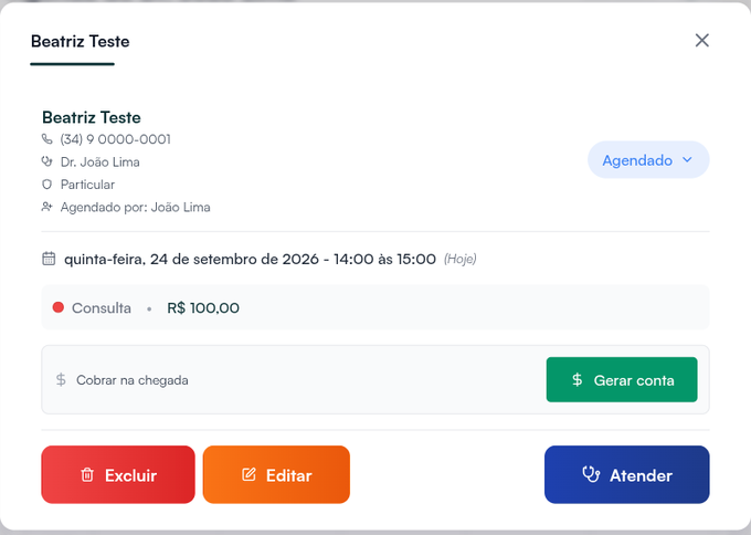 Painel do agendamento com o bloco Cobrar na chegada e o botão Gerar conta