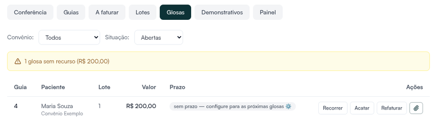 Aba Glosas, onde ficam as glosas registradas com o prazo e as ações