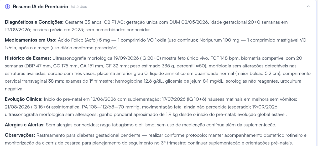 Card Resumo IA do Prontuário de uma paciente de teste