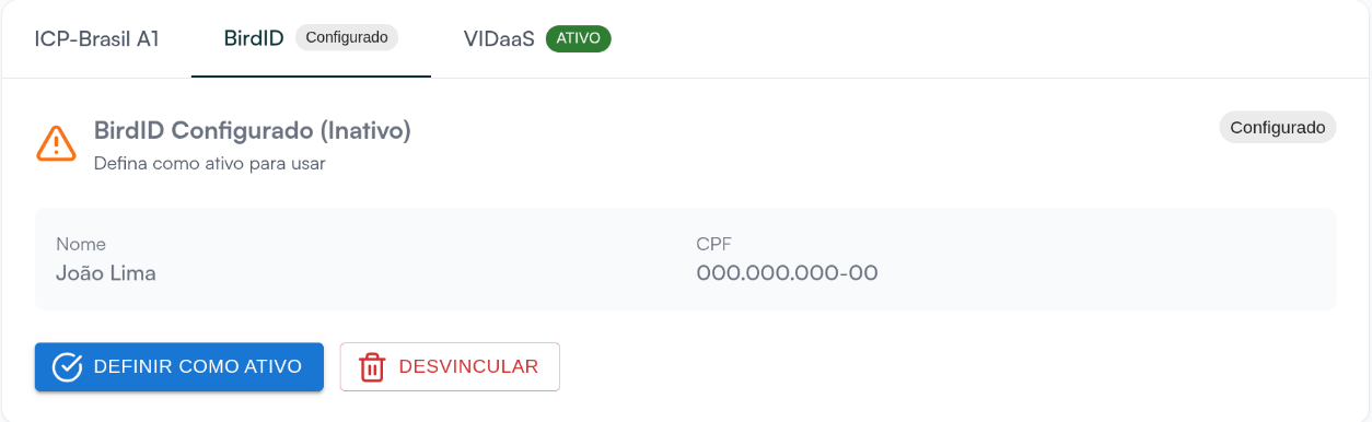 BirdID configurado e inativo, com os botões Definir como ativo e Desvincular