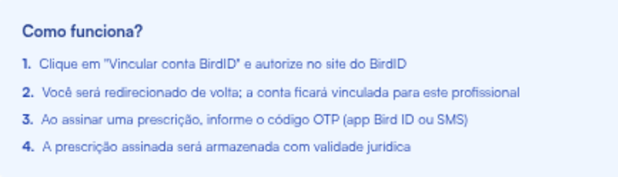 Quadro Como funciona? da aba BirdID, com os quatro passos da vinculação e da assinatura